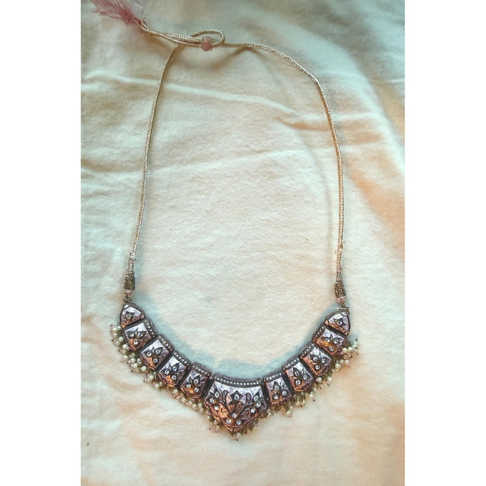 VTG Statement Bib Necklace Repoussé Rhinestone Pearl Fringe  Tribal Boho Choker